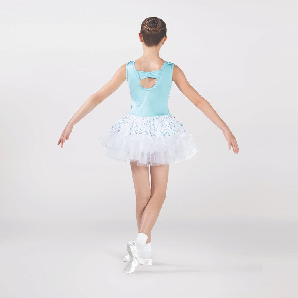 1st Position sequin ballet tutu dress in white and aqua with layered tutu skirt, peplum detail and sequin bodice for ballet performances and competitions