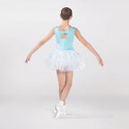 1st Position sequin ballet tutu dress in white and aqua with layered tutu skirt, peplum detail and sequin bodice for ballet performances and competitions