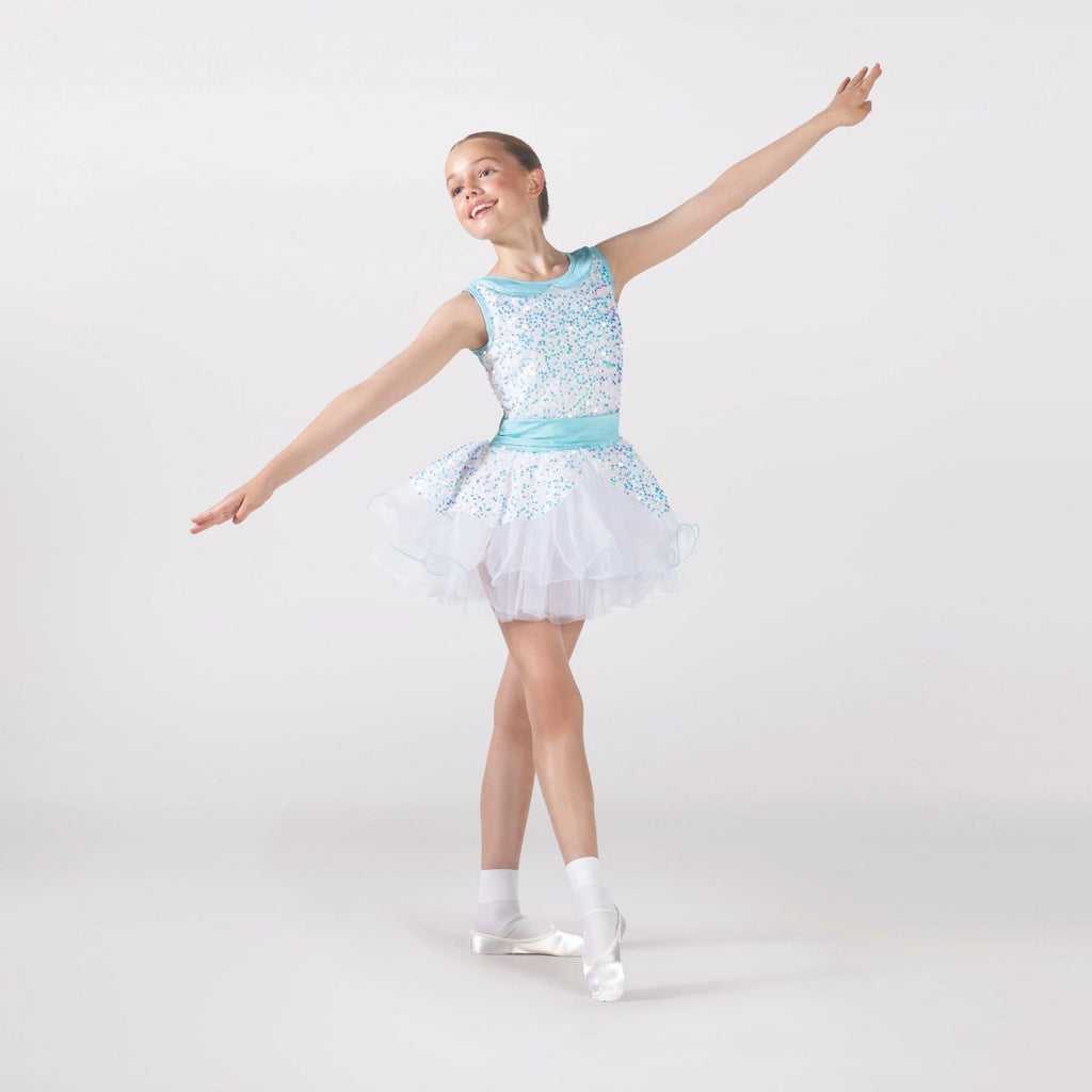 1st Position sequin ballet tutu dress in white and aqua with layered tutu skirt, peplum detail and sequin bodice for ballet performances and competitions