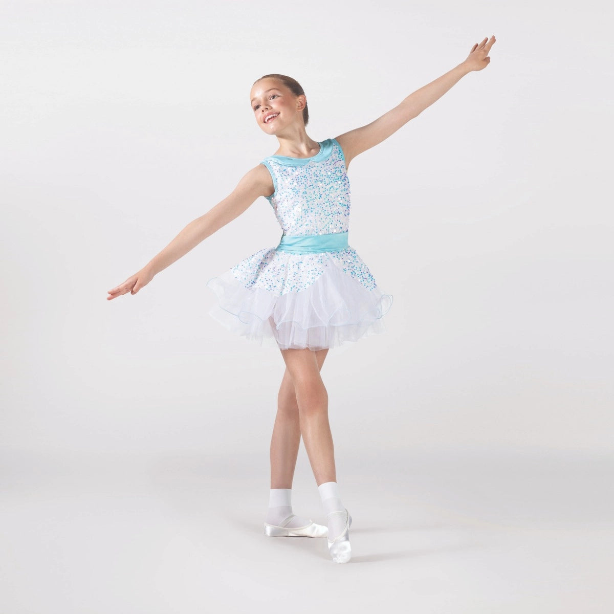 1st Position sequin ballet tutu dress in white and aqua with layered tutu skirt, peplum detail and sequin bodice for ballet performances and competitions
