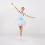 1st Position sequin ballet tutu dress in white and aqua with layered tutu skirt, peplum detail and sequin bodice for ballet performances and competitions