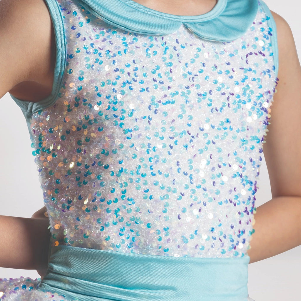 1st Position sequin ballet tutu dress in white and aqua with layered tutu skirt, peplum detail and sequin bodice for ballet performances and competitions