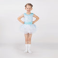 1st Position sequin ballet tutu dress in white and aqua with layered tutu skirt, peplum detail and sequin bodice for ballet performances and competitions