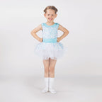 1st Position sequin ballet tutu dress in white and aqua with layered tutu skirt, peplum detail and sequin bodice for ballet performances and competitions