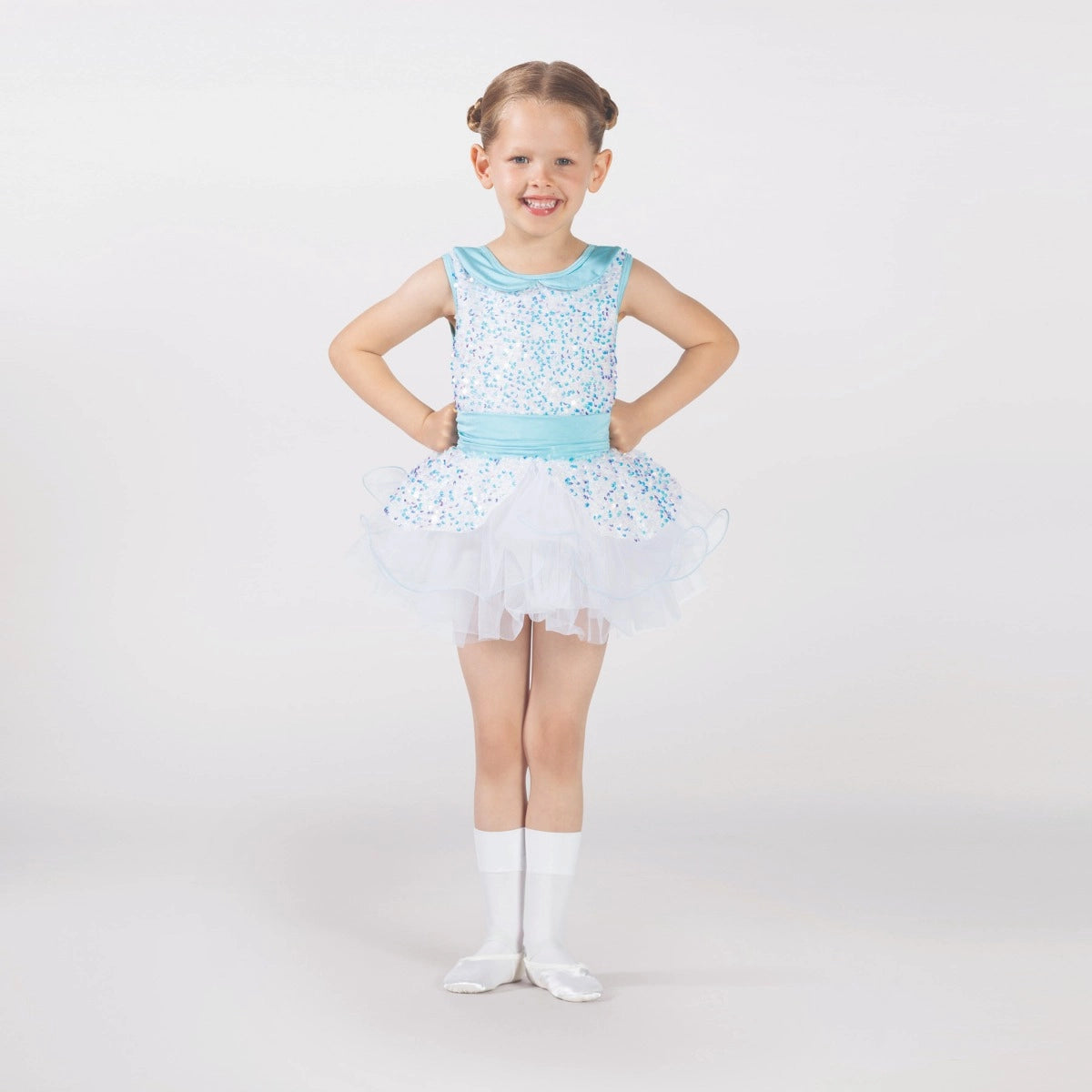 1st Position sequin ballet tutu dress in white and aqua with layered tutu skirt, peplum detail and sequin bodice for ballet performances and competitions