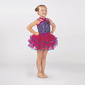 Young dancer wearing a raspberry pink sequin tutu costume by 1st Position featuring a crossover halterneck design, sparkling sequin bodice and layered tutu skirt with blue glitter trim.