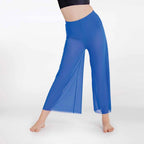 Blue sheer pants worn by a person on a white background