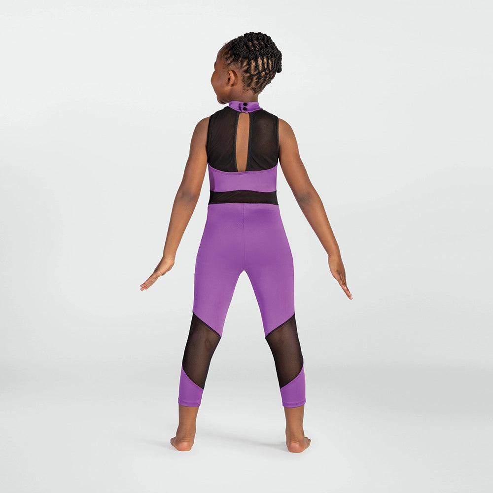 A child model shown from the back wearing a purple and black athletic jumpsuit against a light gray studio background.