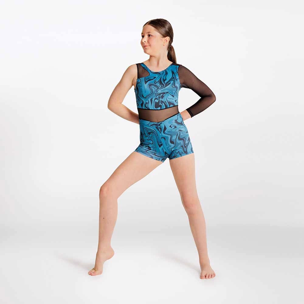Person wearing a blue patterned outfit on a white background