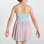 A child model shown from the back wearing a light blue and pastel pink halter dress with a flared skirt, against a light gray studio background.
