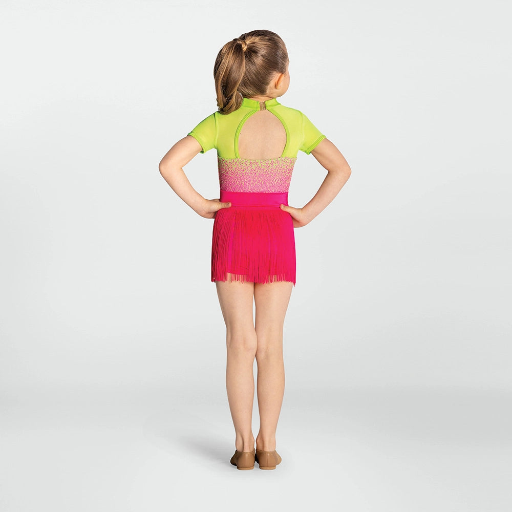 Young girl wearing a colorful dress with a gradient from green to pink on a white background