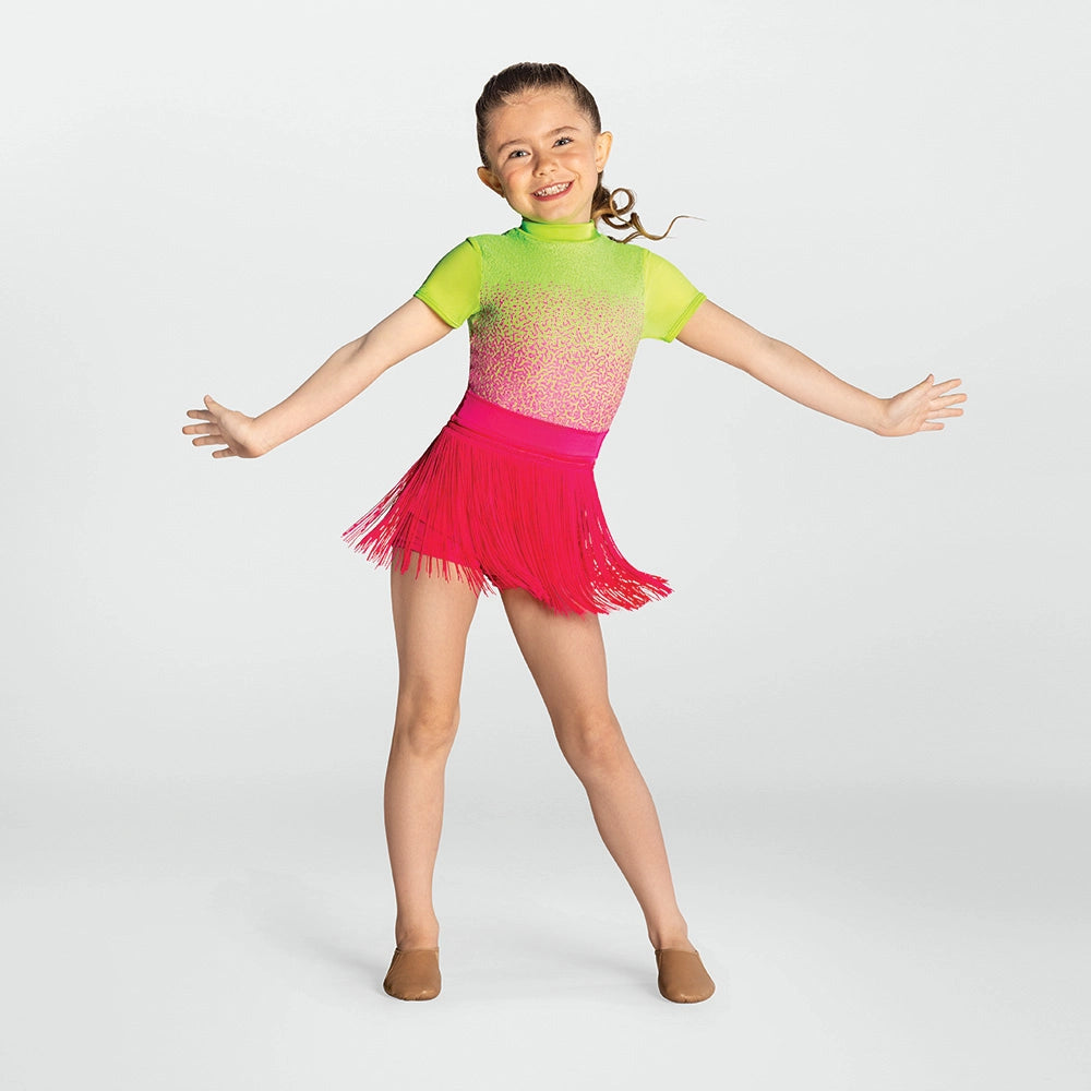 Young girl in a colorful dance outfit with a gradient top and pink skirt on a white background