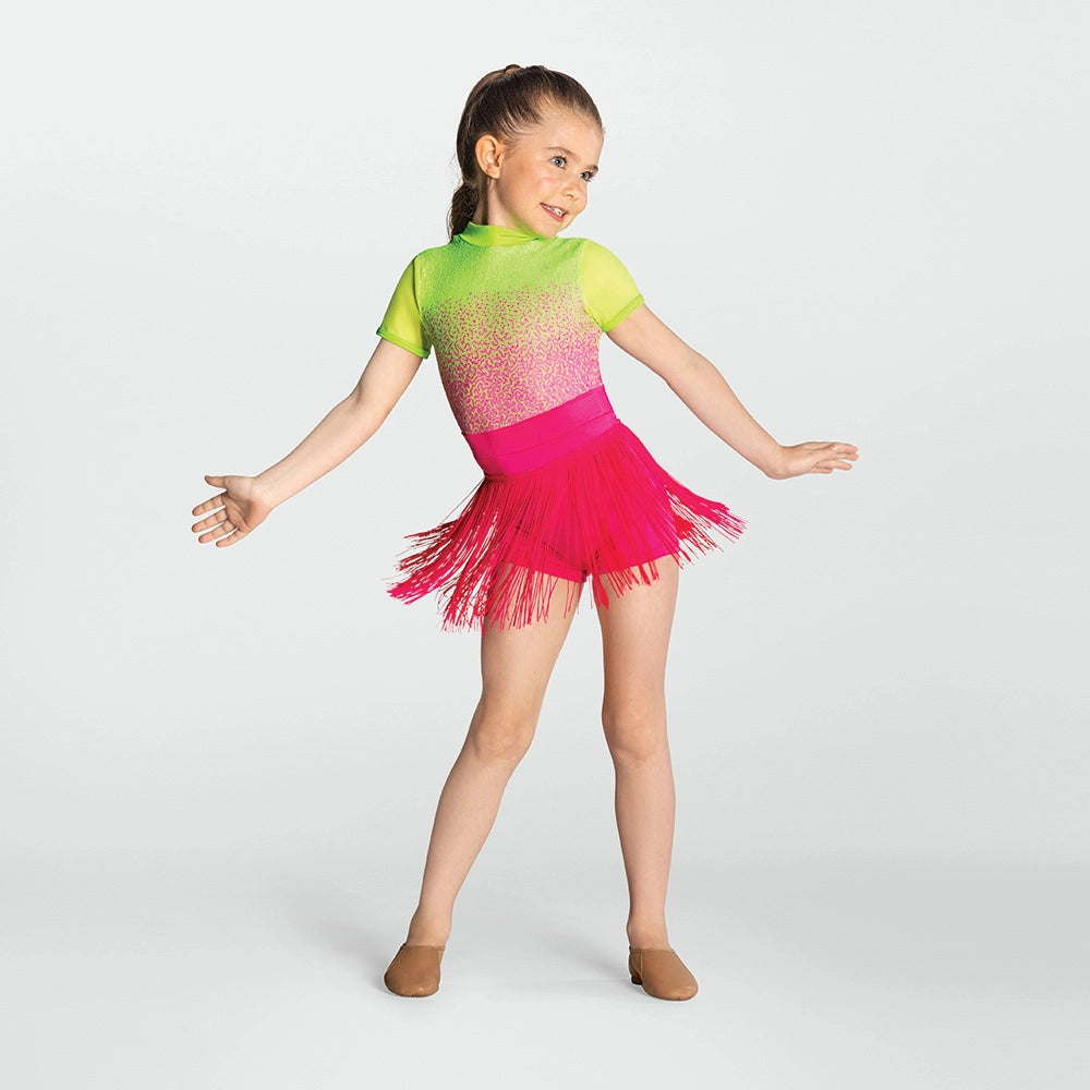 Young girl in a colorful dance outfit with a gradient top and pink skirt on a white background