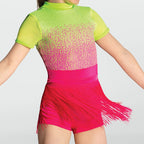 Neon green and pink outfit with fringes on a plain background