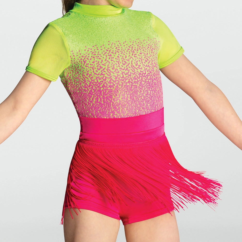 Neon green and pink outfit with fringes on a plain background