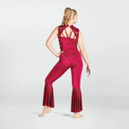 Red jumpsuit with lace detailing on a white background