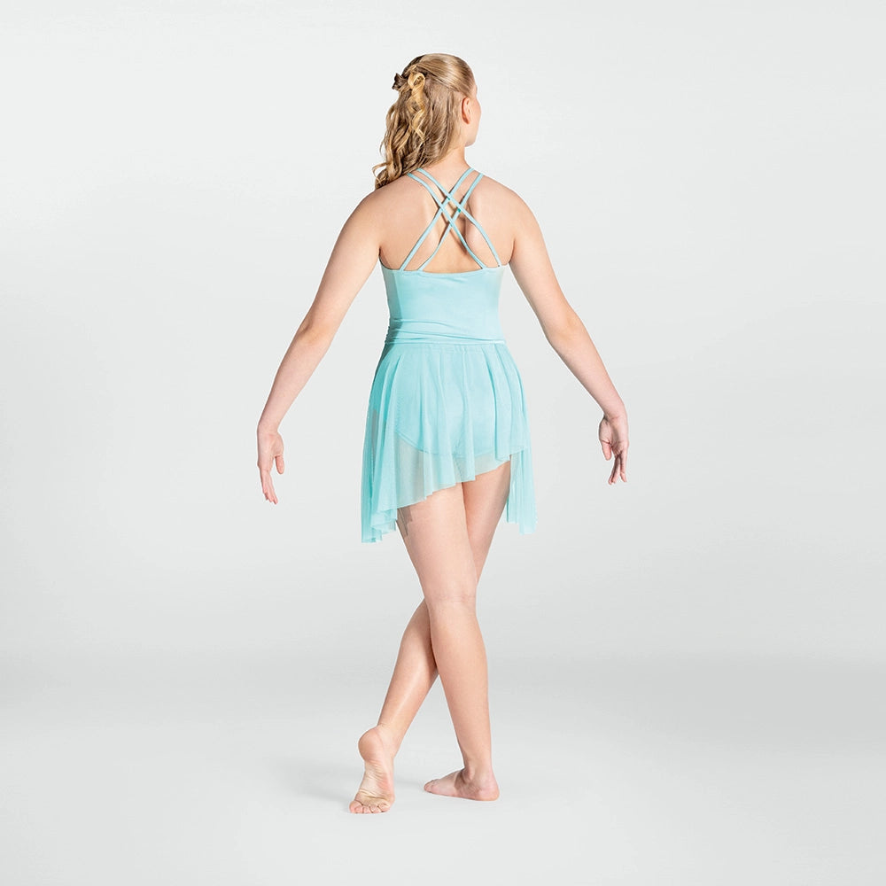 Person wearing a light blue舞蹈 dress with criss-cross straps on a white background
