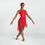 Woman wearing a red dress on a white background