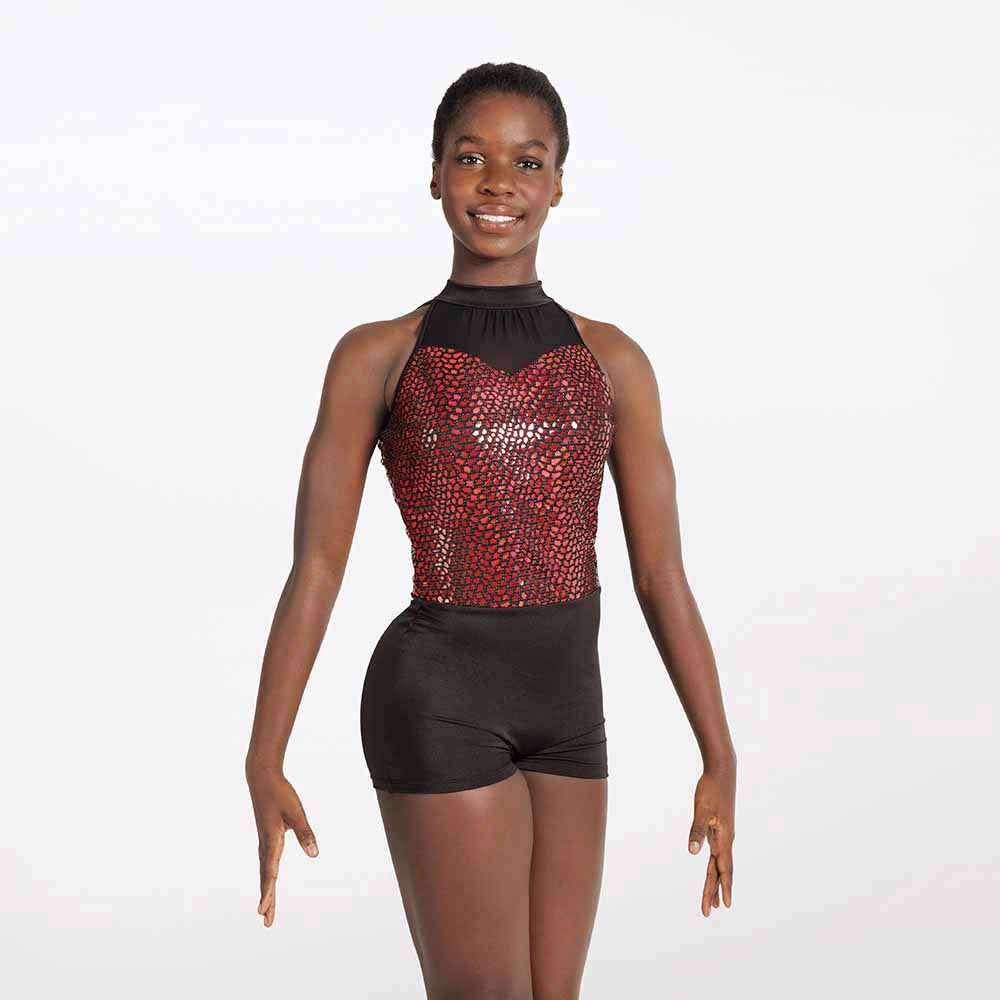 Person wearing a black and red sequined leotard on a white background