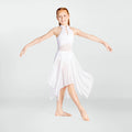 Young girl in a white dress posing against a light gray background