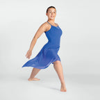 Woman wearing a blue dress on a white background