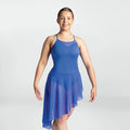 Woman wearing a blue dance dress on a white background