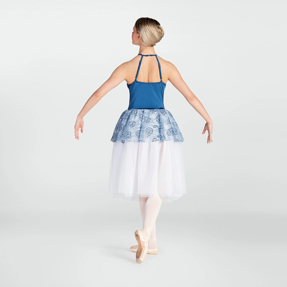 A young ballerina is shown from behind wearing a blue and white tutu dress with pink tights and pointe shoes, posed against a light gray studio background.