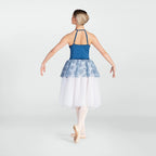 A young ballerina is shown from behind wearing a blue and white tutu dress with pink tights and pointe shoes, posed against a light gray studio background.