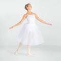 A woman posing as a ballerina in a white lace and tulle tutu dress with pink pointe shoes against a light gray studio background.