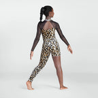 A woman modeling a leopard-print one-piece jumpsuit with sheer black long sleeves and a high-neck mesh back, shown from the back against a light gray studio background.