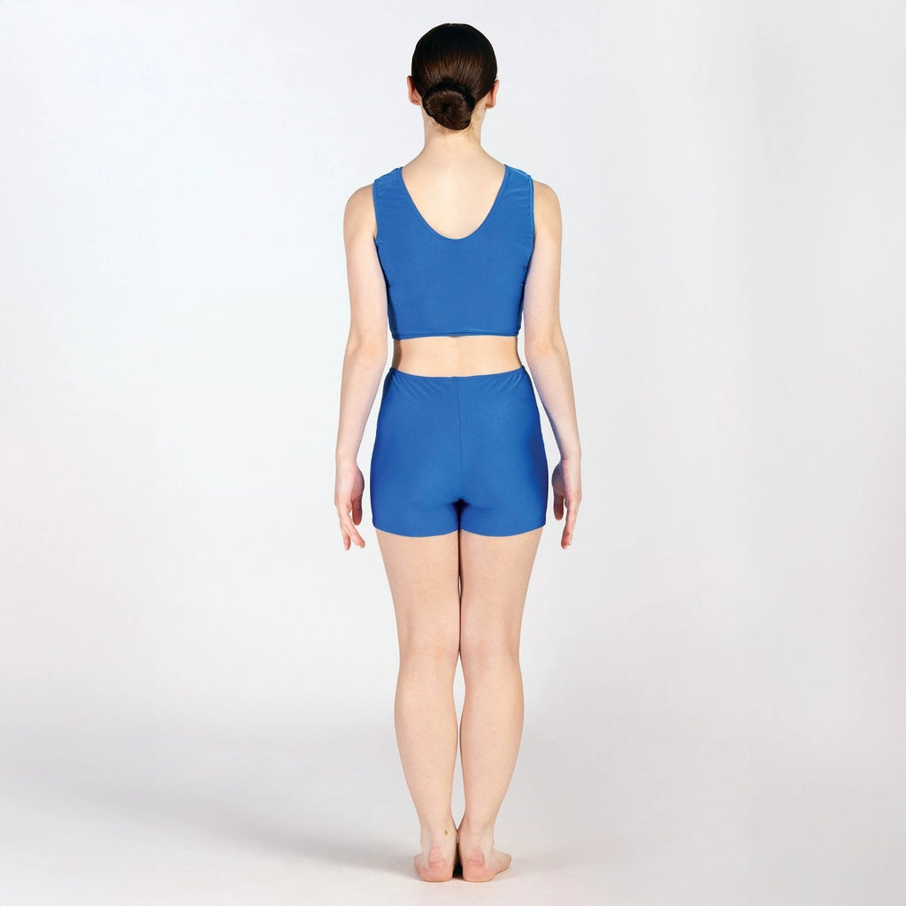 Person wearing a blue athletic outfit on a white background