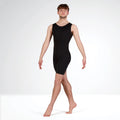 Person wearing a black bodysuit on a white background