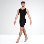 Person wearing a black bodysuit on a white background