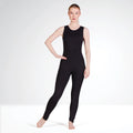 Person wearing a black bodysuit on a white background