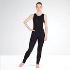 Person wearing a black bodysuit on a white background