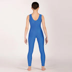 Person wearing a blue bodysuit on a plain background