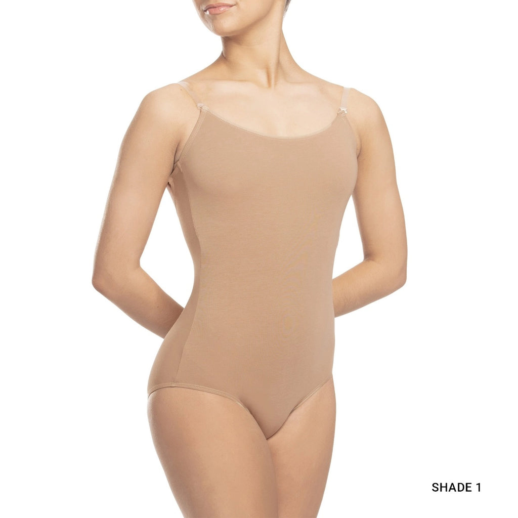 Beige bodysuit worn by a model on a white background