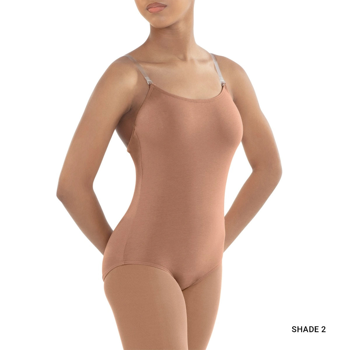 Beige bodysuit worn by a model on a white background