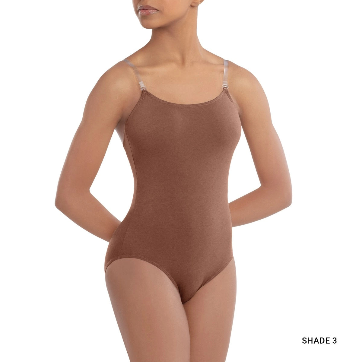 Brown bodysuit worn by a model on a white background