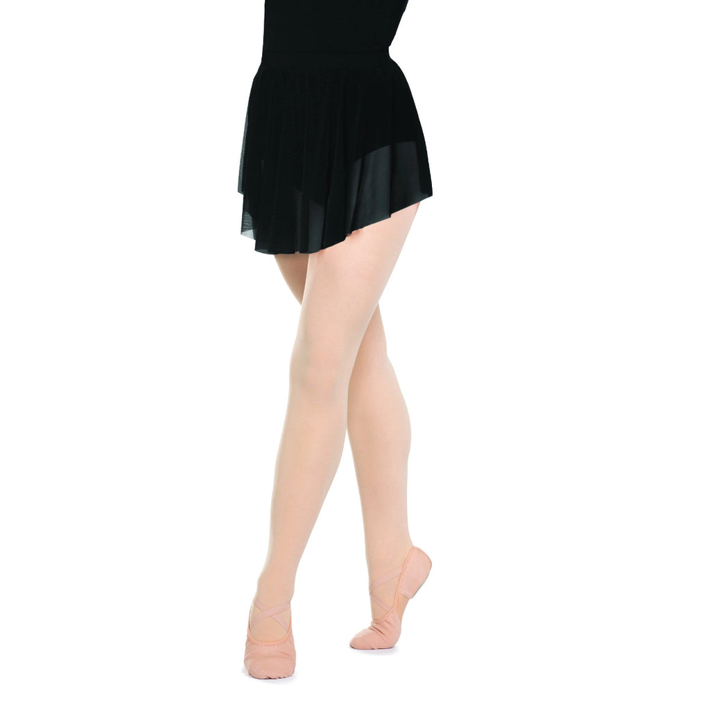 Black skirt worn over beige tights on a white background