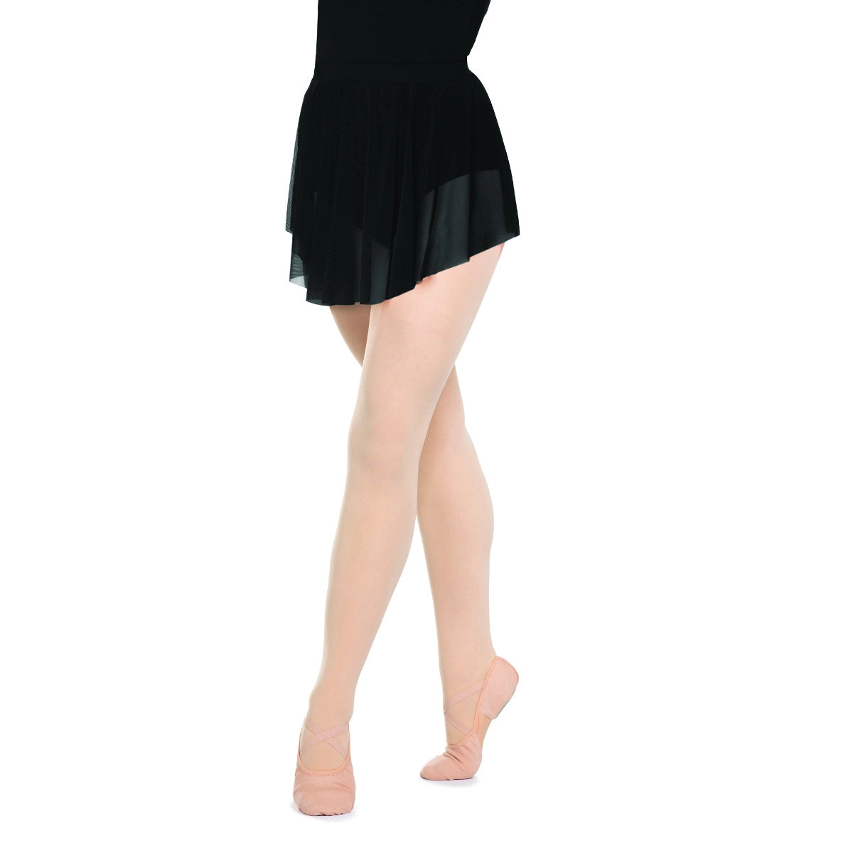 Black skirt worn over beige tights on a white background