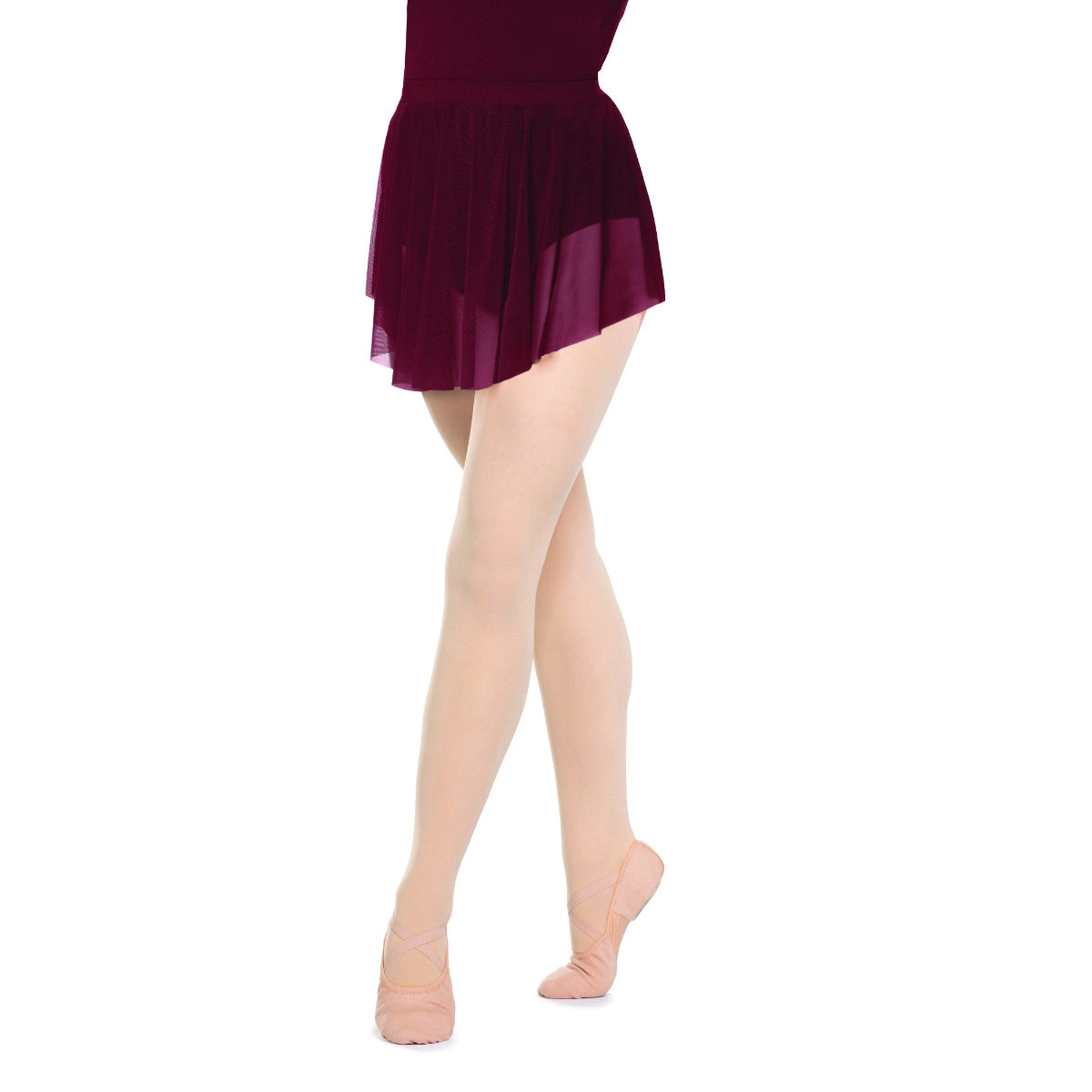 Person wearing a maroon skirt and beige tights on a white background