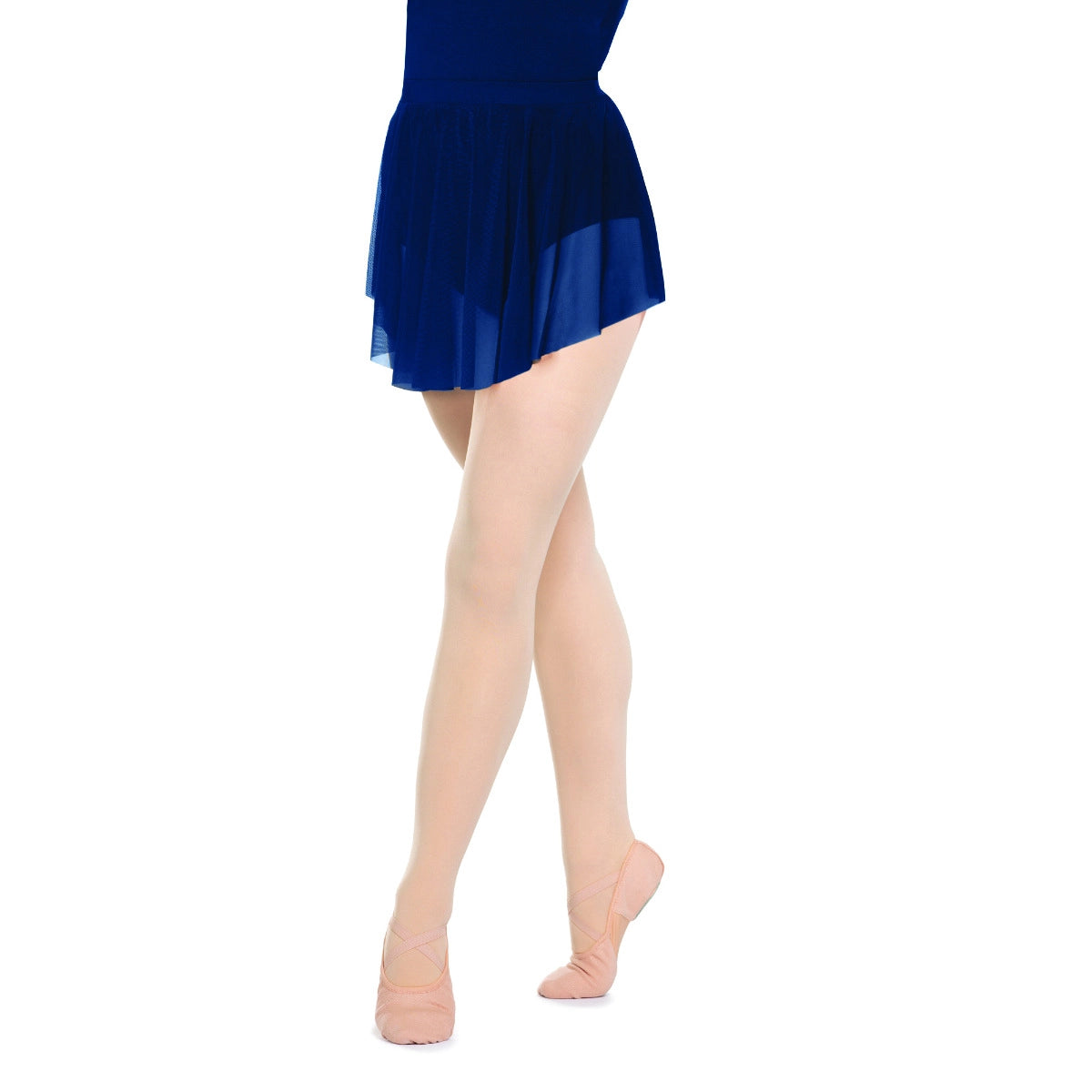 Person wearing a blue skirt on a white background