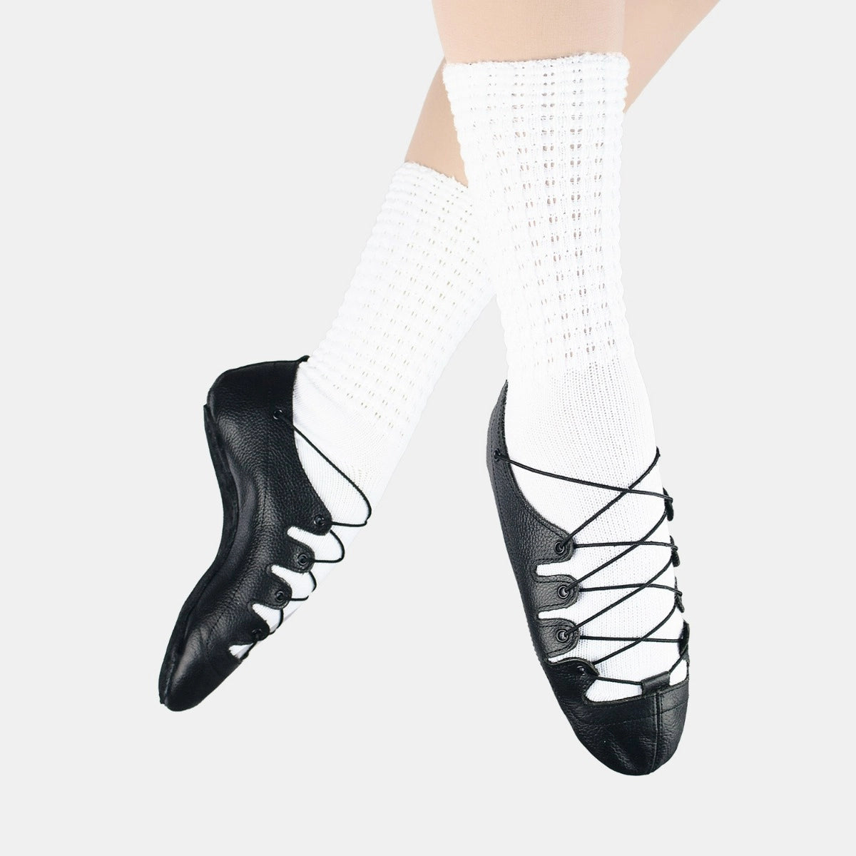 1st Position leather Highland dance shoes with lace fastening and full suede soles