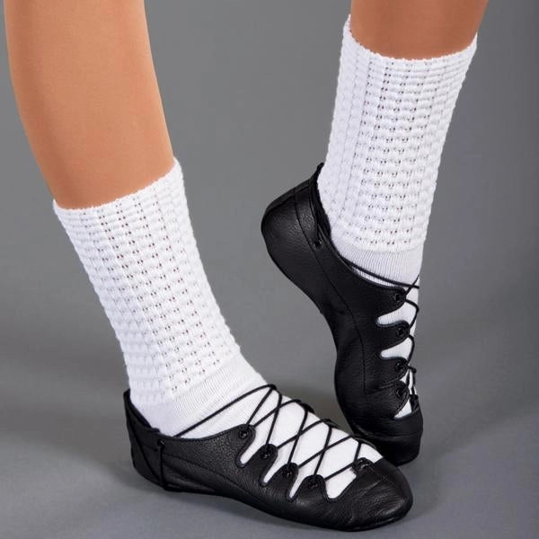1st Position leather Highland dance shoes with lace fastening and full suede soles