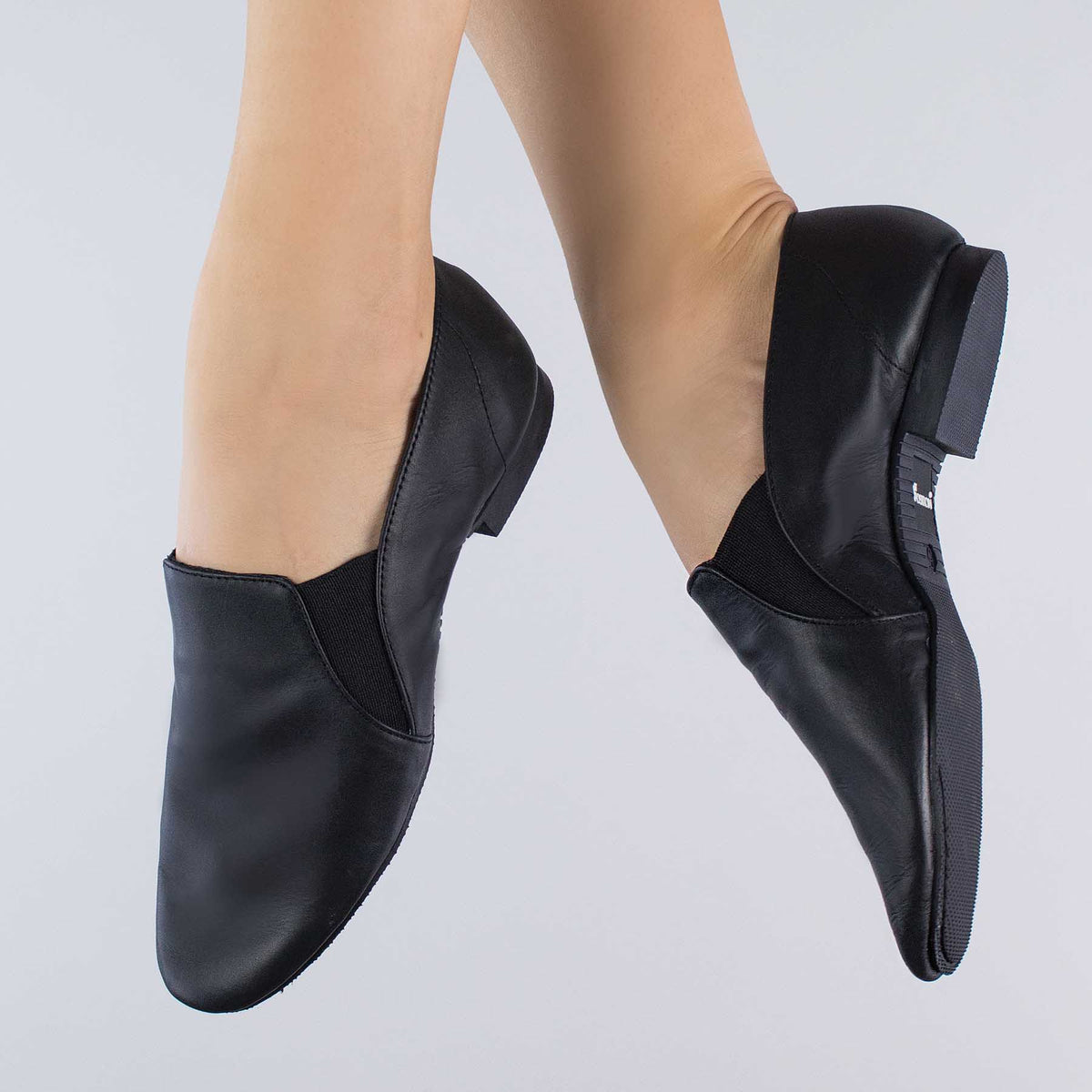 1st Position black leather side gusset slip-on full sole jazz shoes
