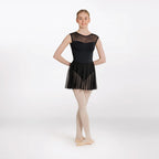 Person wearing a black ballet outfit on a white background