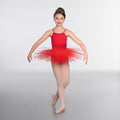 Young girl in a red ballet outfit posing on a gray background