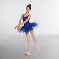 Ballerina in a blue tutu posing on a plain background