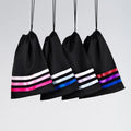 Four black drawstring bags with colorful stripes on a light gray background